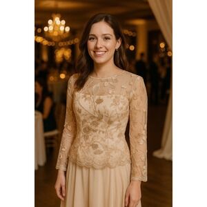 Emma Street 4 Champagne Floral Sequins Wedding‎ Bridal Holiday Glam Top NWT